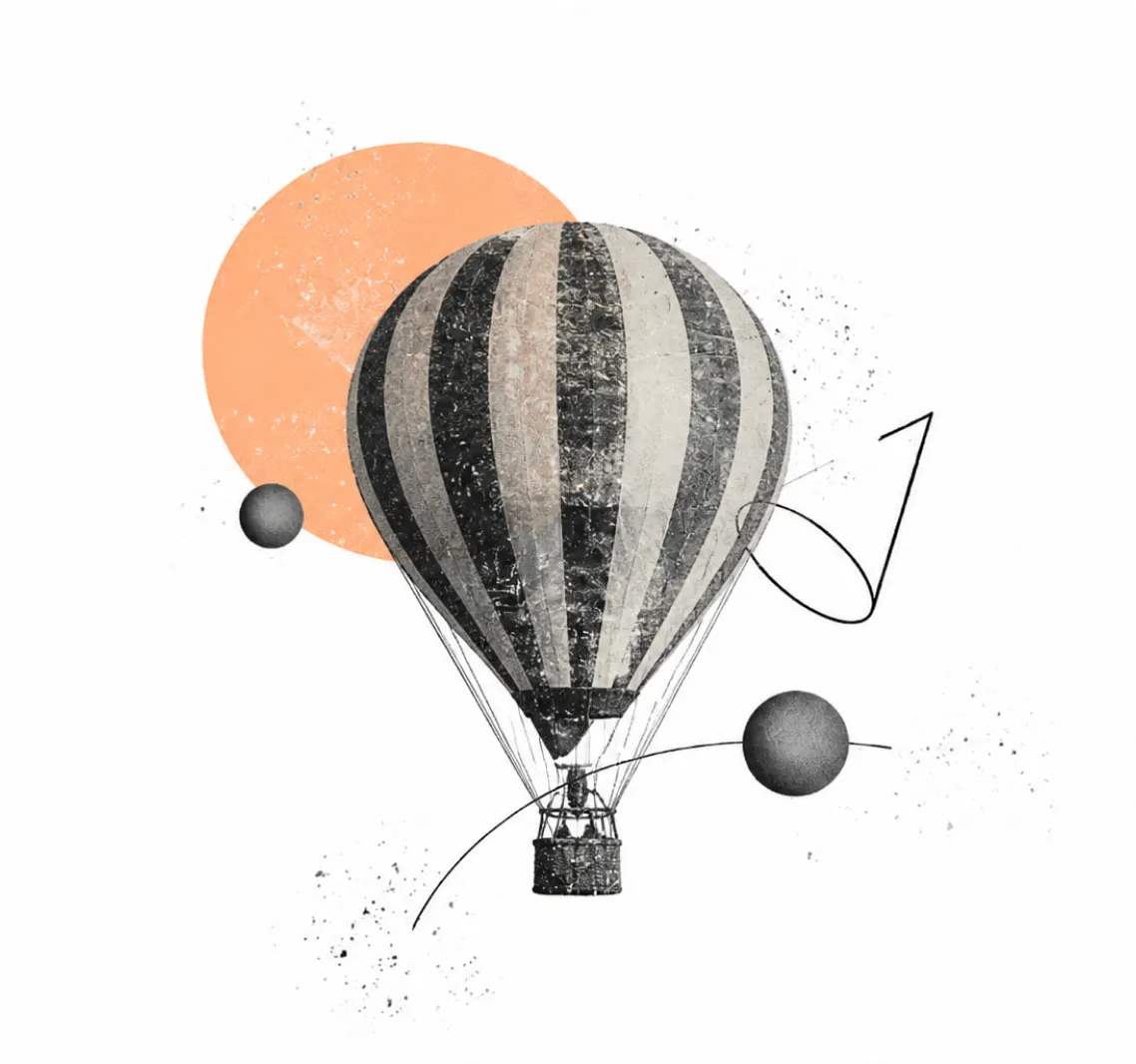 Collage illustration of a hot air balloon with an orange circle