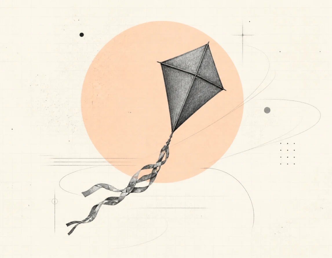 Collage illustration of a kite with a peach circle