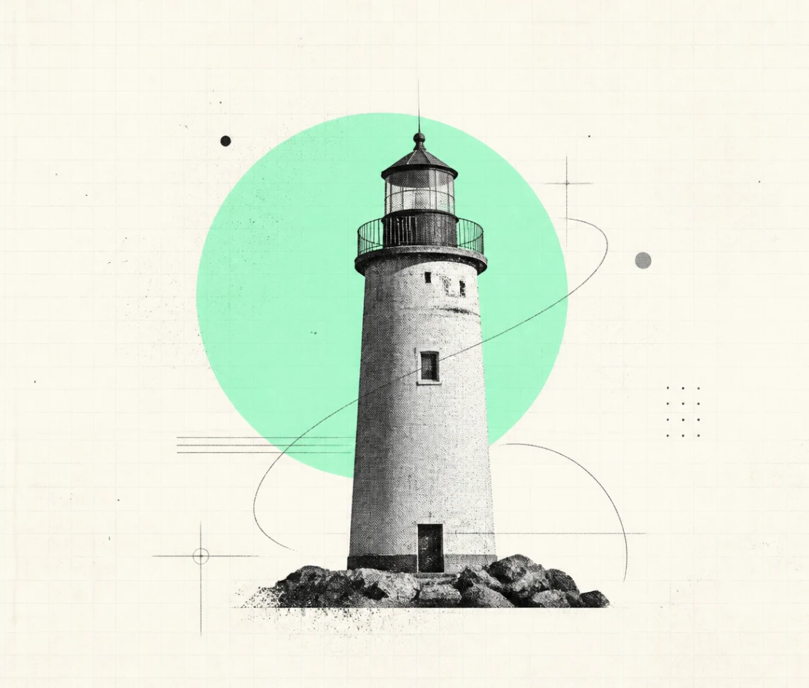 Collage illustration of a lighthouse with a mint green circle