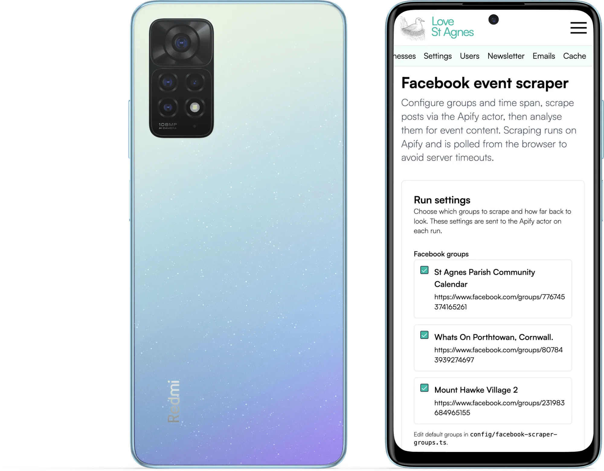 The Love St Agnes Facebook event scraper settings on a phone