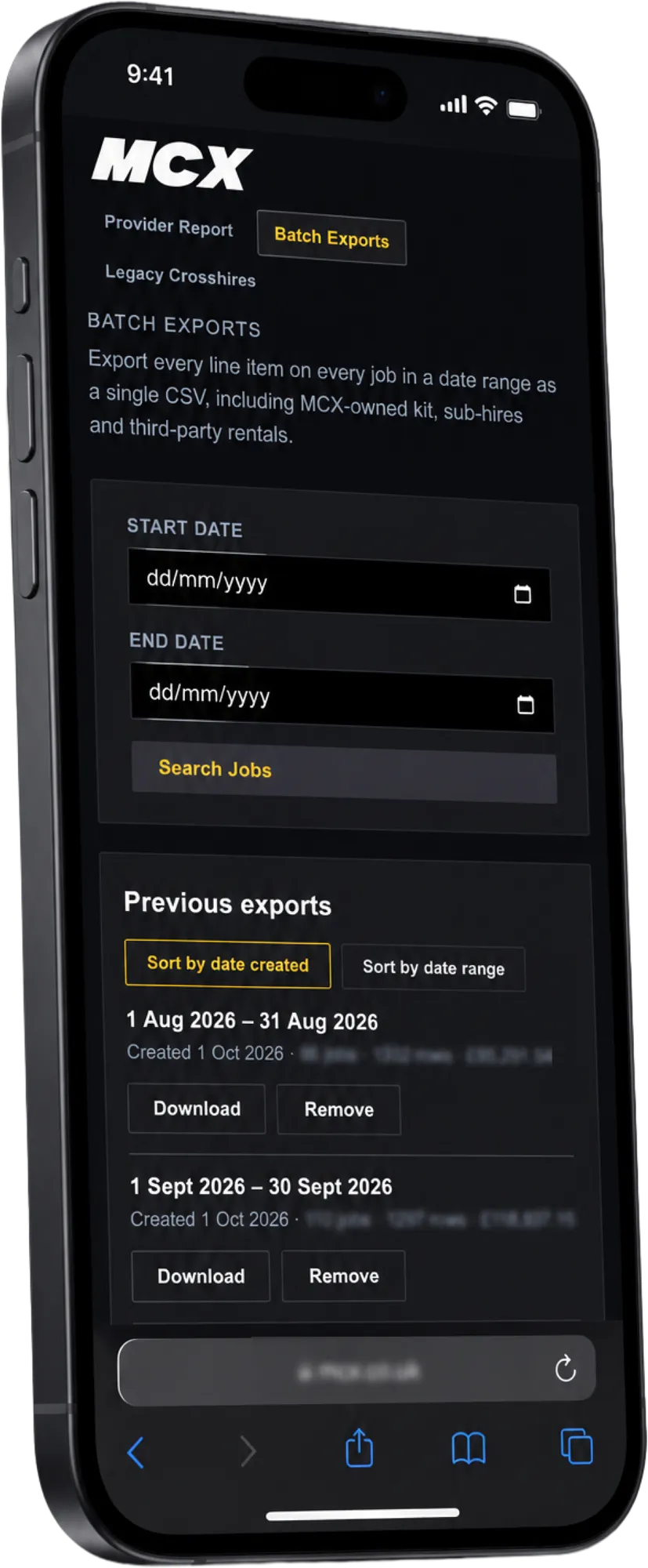 MCX Films' batch exports tool on a phone