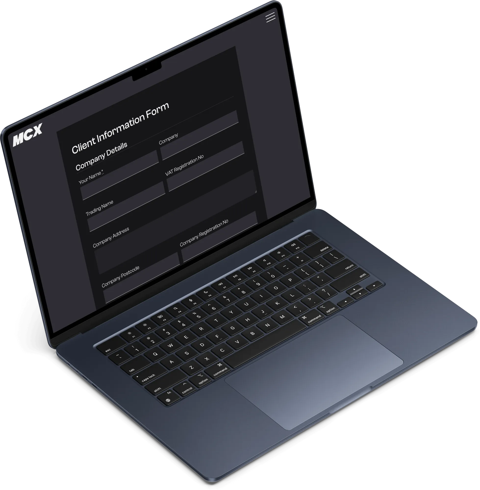 MCX Films' client information form on a laptop