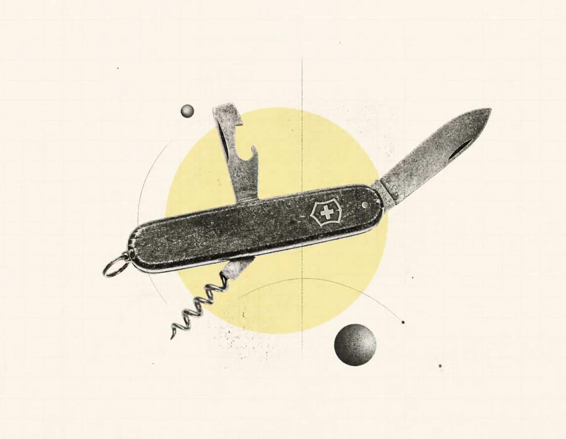 Collage illustration of a multi-tool with an orange circle