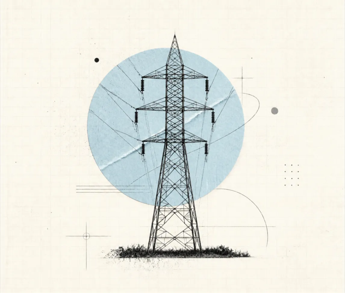 Collage illustration of an electricity pylon with a light blue circle
