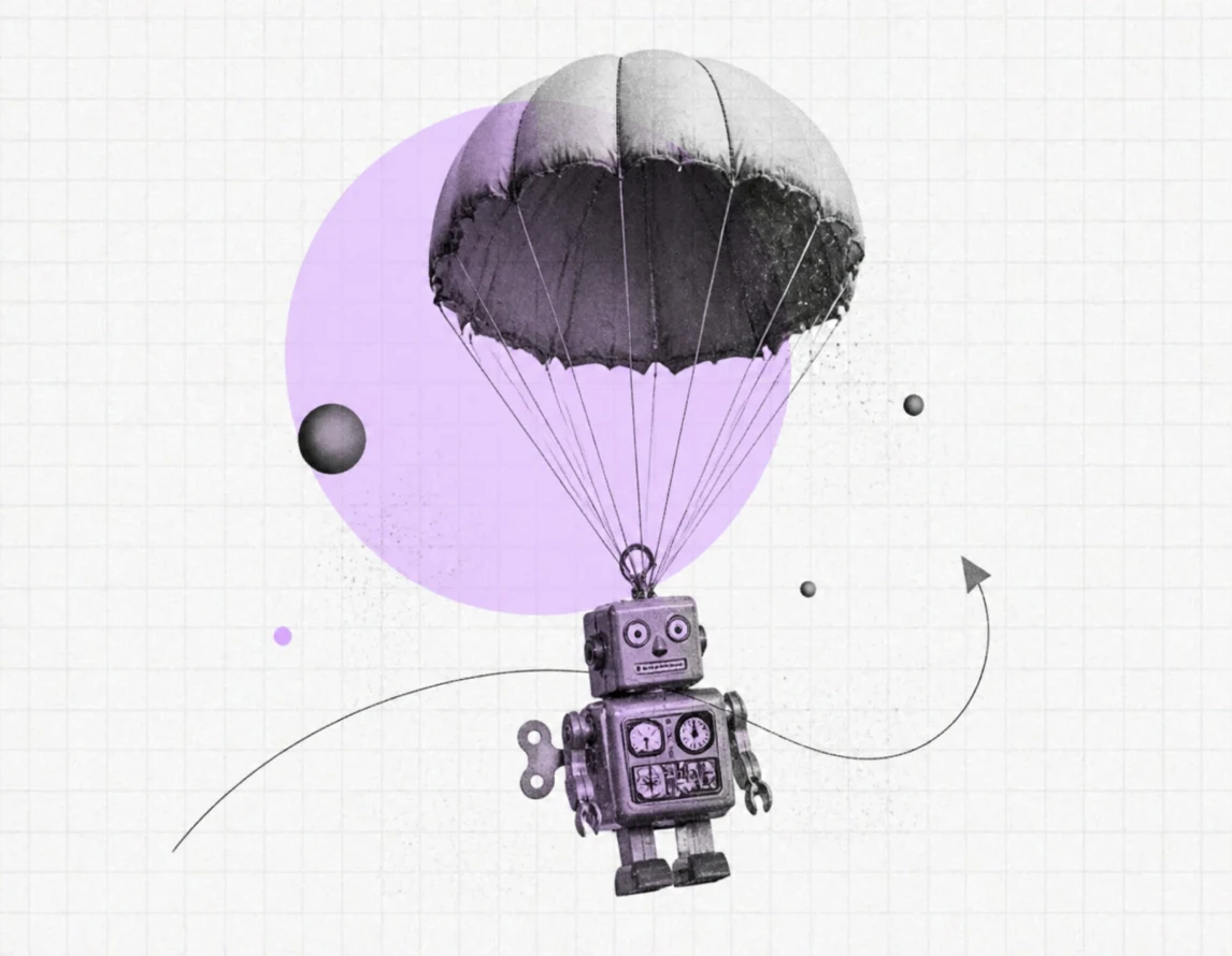 Collage illustration of a parachuting robot with a purple circle