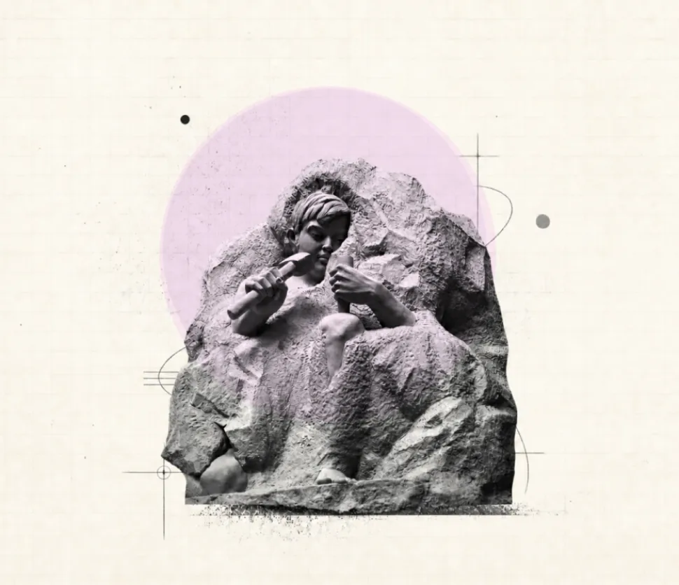 Collage illustration of a figure carving itself from stone