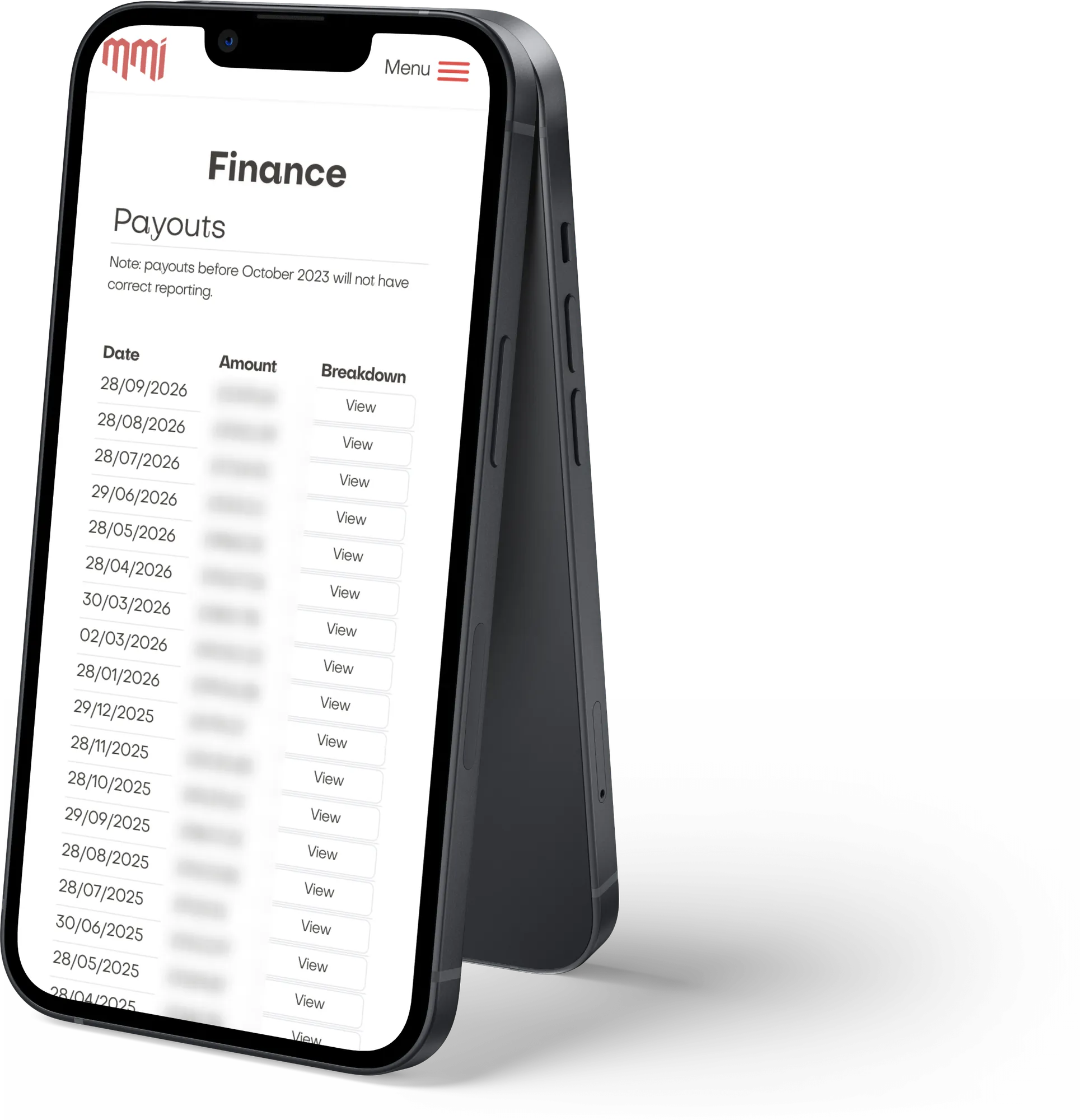 The MMI finance payouts page on a phone