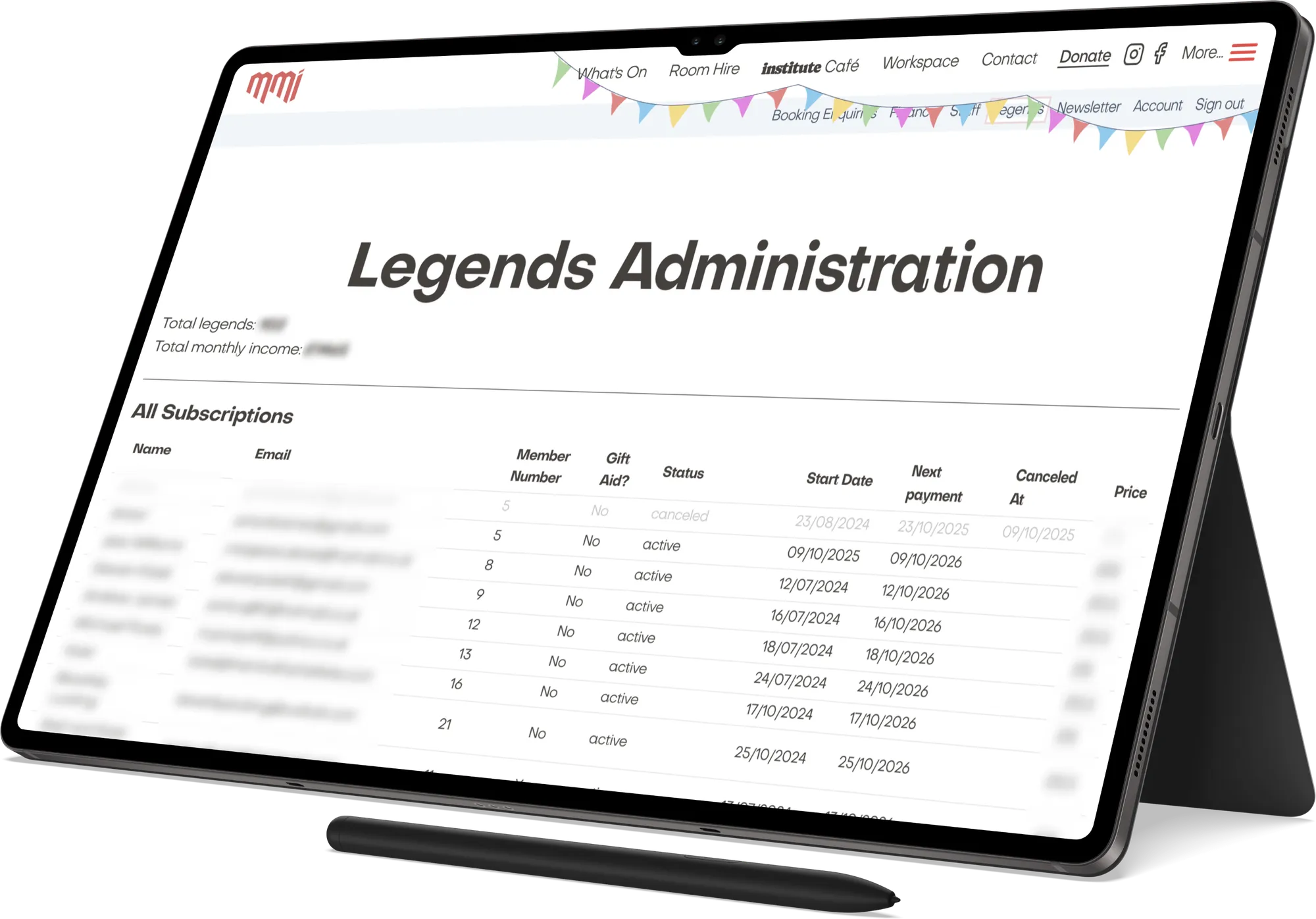 The MMI Legends administration page on a tablet