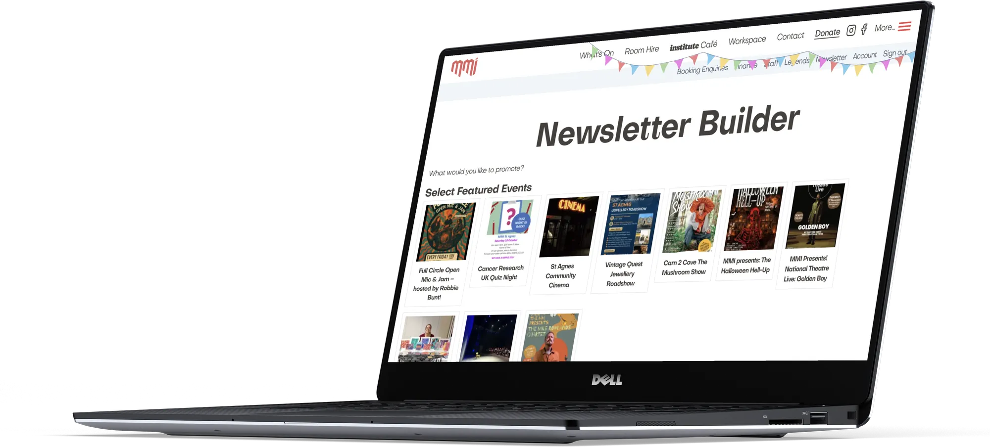 The MMI newsletter builder with events selected, on a laptop
