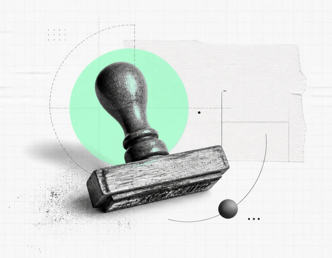 Collage illustration of a rubber stamp with a mint green circle
