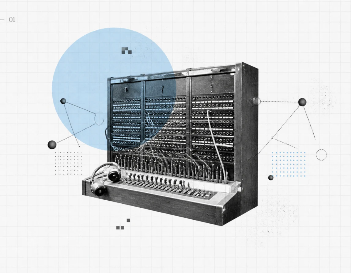 Collage illustration of a synthesizer with a light blue circle