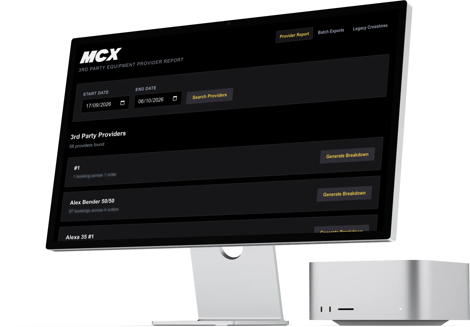 MCX Films' third party equipment provider report on a desktop monitor