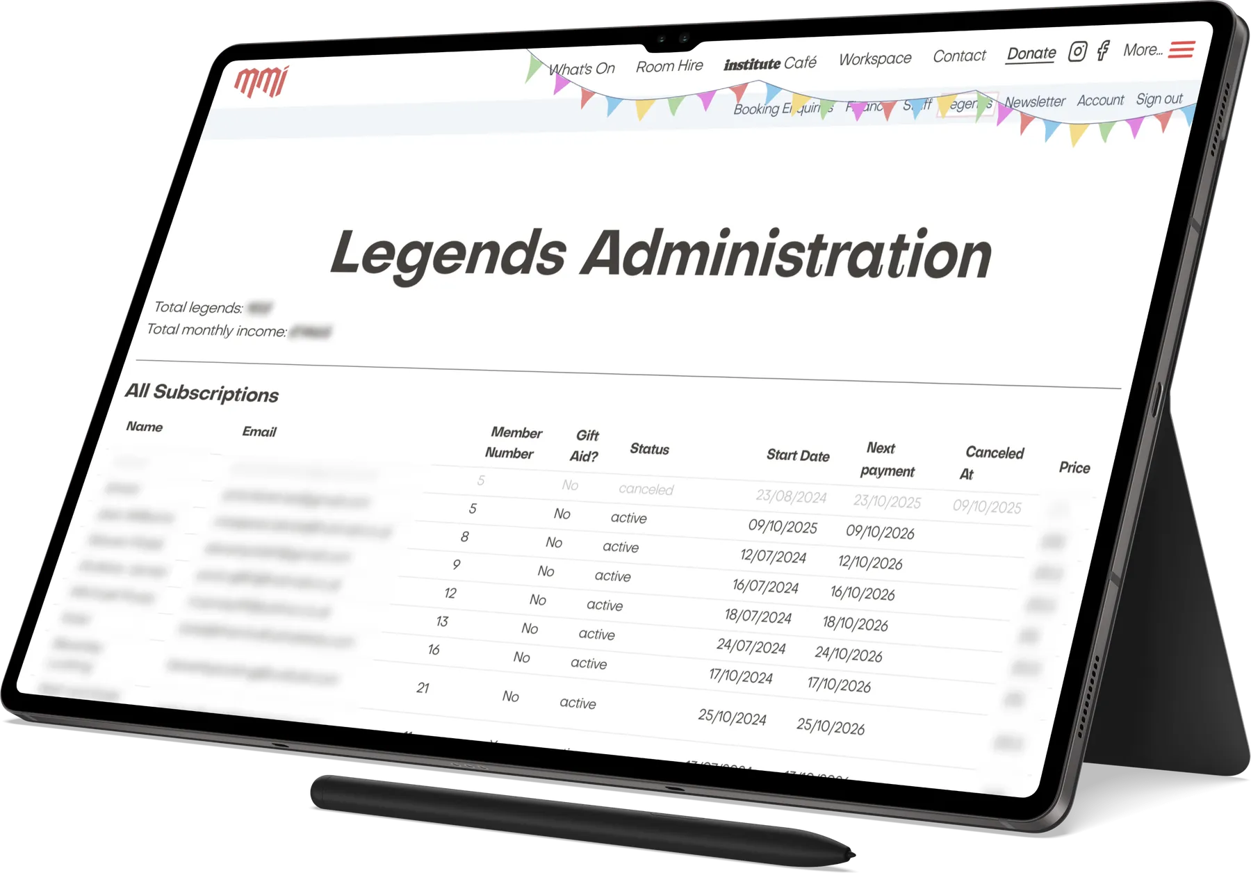 St Agnes MMI's Legends Administration page on a tablet
